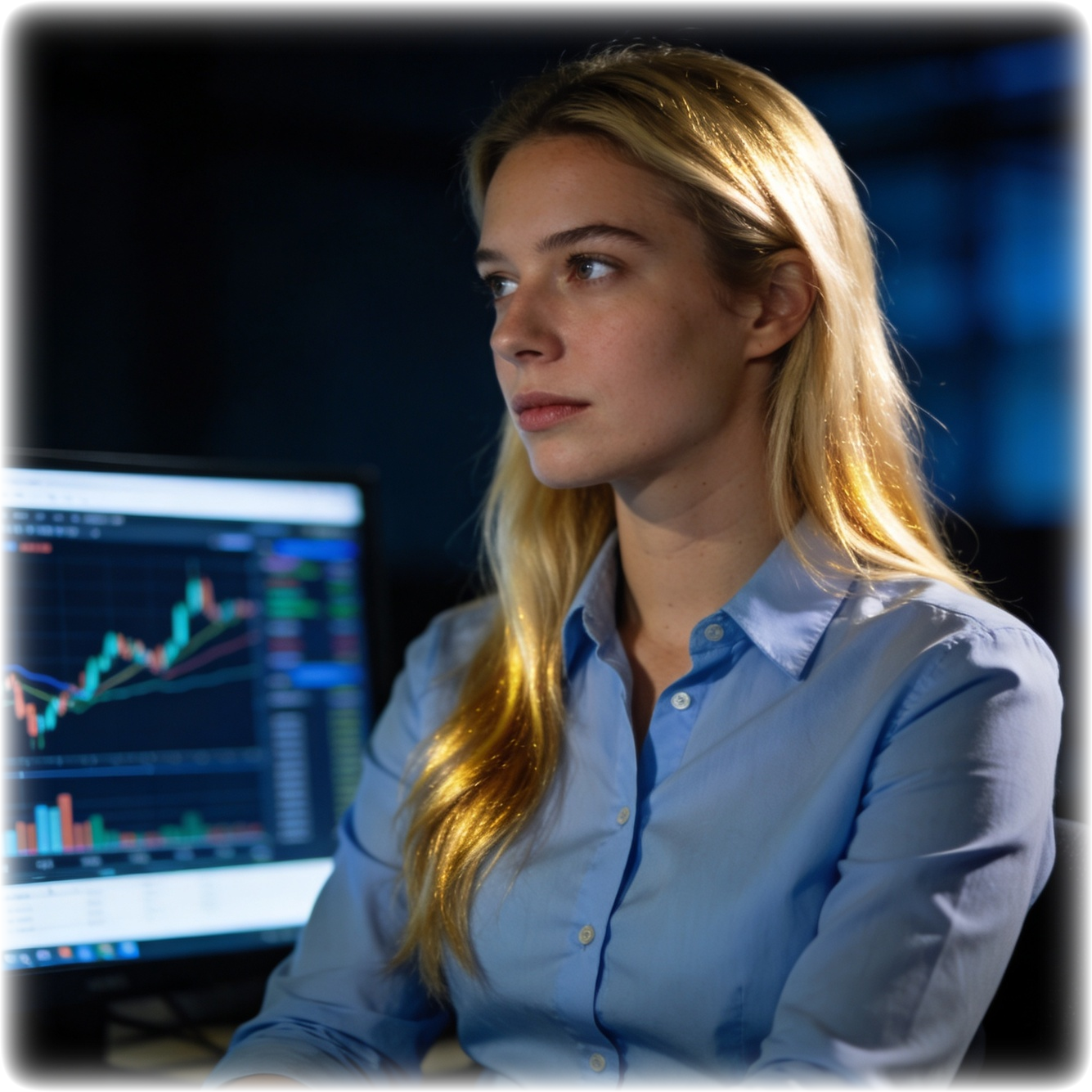 Credit repair professional with confident expression, analyzing trading charts on monitor