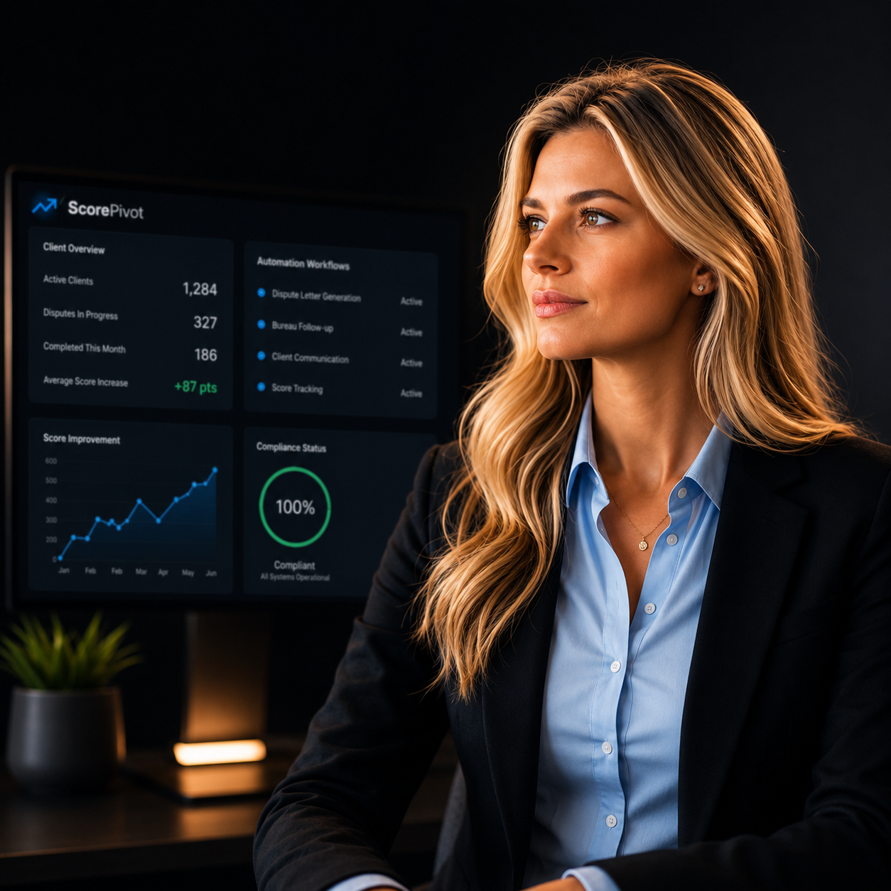 Credit repair professional with confident expression, analyzing trading charts on monitor